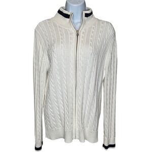 Foxcroft Womens White Cable Knit Zip‎ Up Cardigan Sweater Sz L Tennis Preppy
